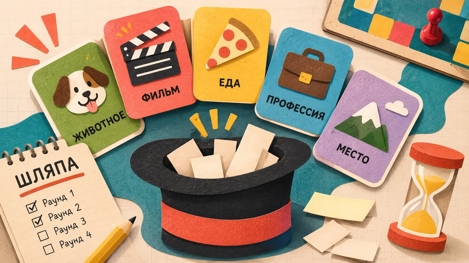 Иллюстрация игрового вечера: друзья за столом с телефоном, рисунками и заданиями