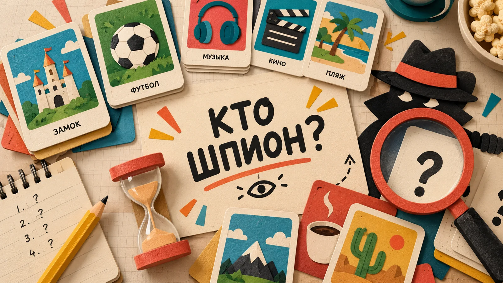 Иллюстрация к игре «Кто шпион?» и выбору знакомых компании тематических колод
