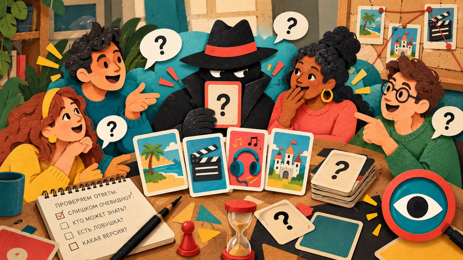 Иллюстрация к игре «Кто шпион?» и выбору знакомых компании тематических колод
